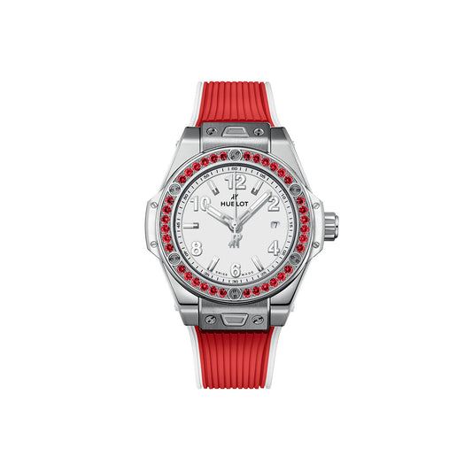 Unworn Hublot Big Bang One Click Joyful Steel Red 33, 485.SR.2210.RX.1213, box and papers