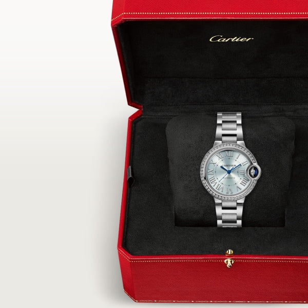 Unworn Cartier Ballon Bleu de Cartier, Stainless Steel and Diamonds, 33mm, Ref# W4BB0028, box and papers
