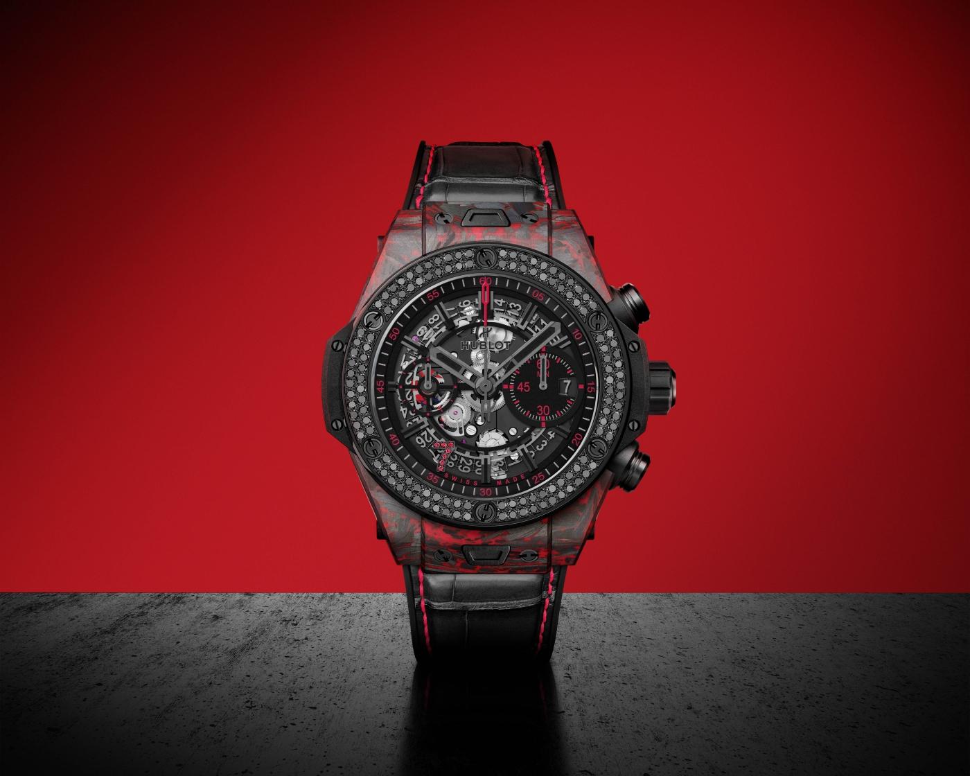 Hublot Big Bang Unico Red Carbon Black Diamonds Las Vegas Boutique, Matt Red Frosted carbon, 126 black diamonds, 44mm, Limited Edition, Ref# 421.QV.1113.LR.1100.LVB23