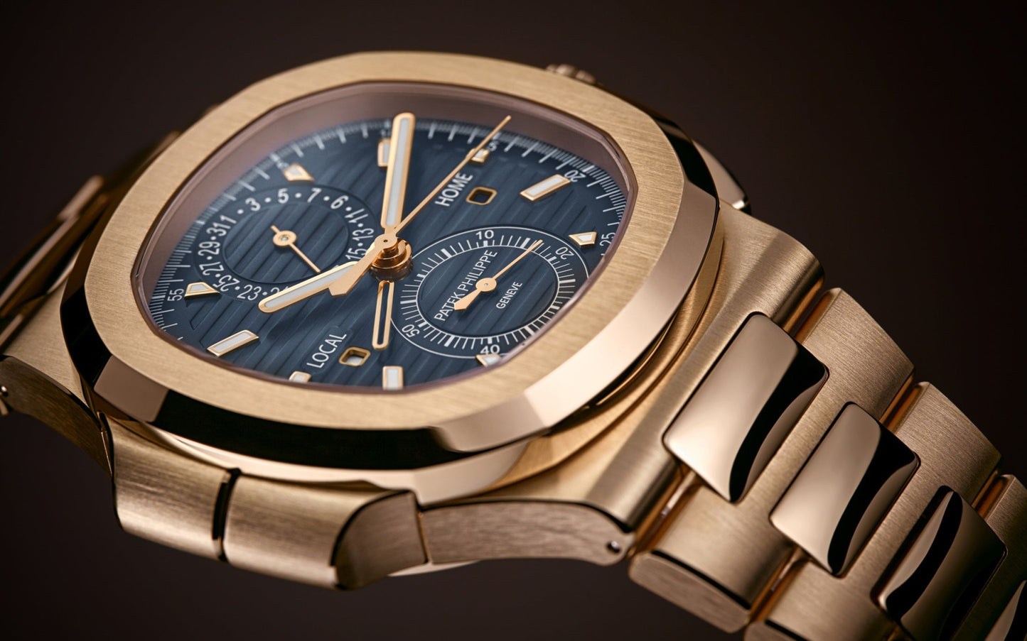 Patek Philippe Nautilus Travel Time Chronograph Watch, 18k Rose Gold, 40,5 mm, Ref# 5990/1R-001