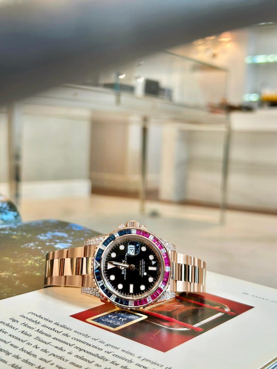 Rolex GMT-Master II Golden Blue/Red Diamond Black Dial, 40mm, Ref# 126755SARU