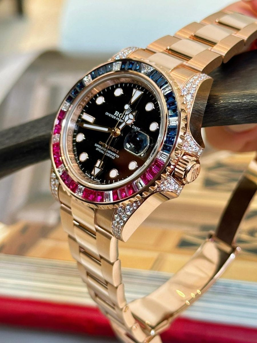 Rolex GMT-Master II Golden Blue/Red Diamond Black Dial, 40mm, Ref# 126755SARU
