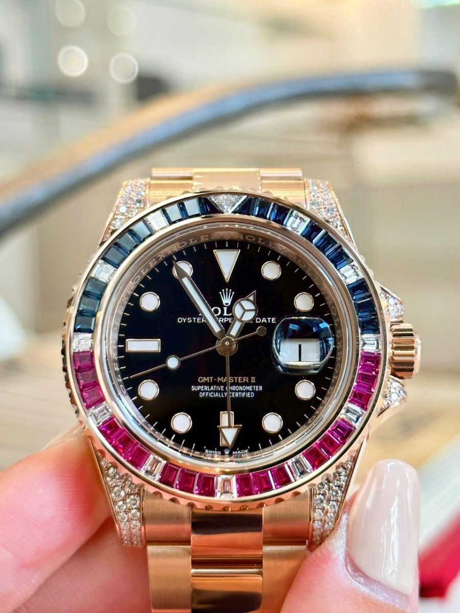 Rolex GMT-Master II Golden Blue/Red Diamond Black Dial, 40mm, Ref# 126755SARU