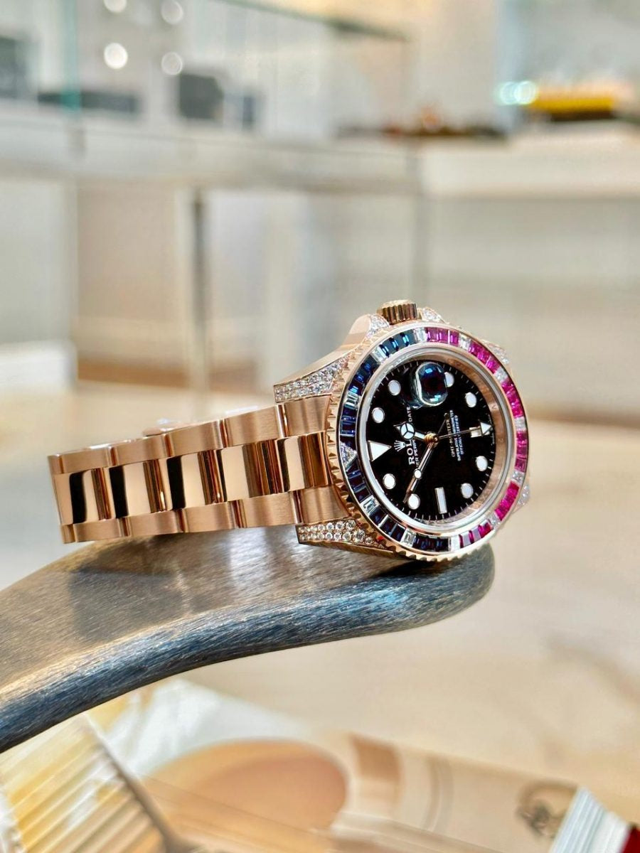 Rolex GMT-Master II Golden Blue/Red Diamond Black Dial, 40mm, Ref# 126755SARU