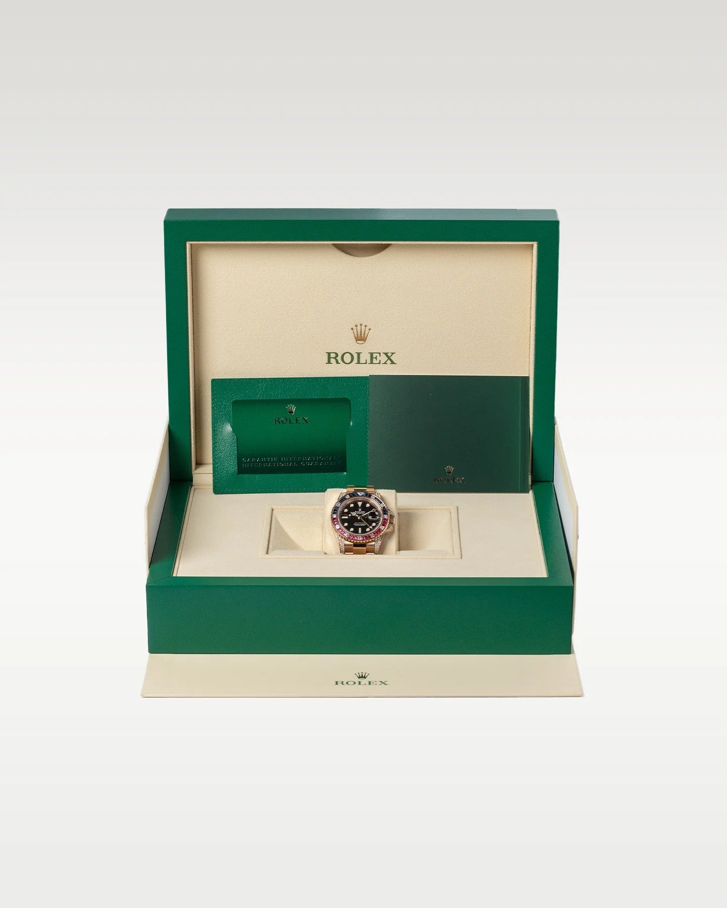 Rolex GMT-Master II Golden Blue/Red Diamond Black Dial, 40mm, Ref# 126755SARU