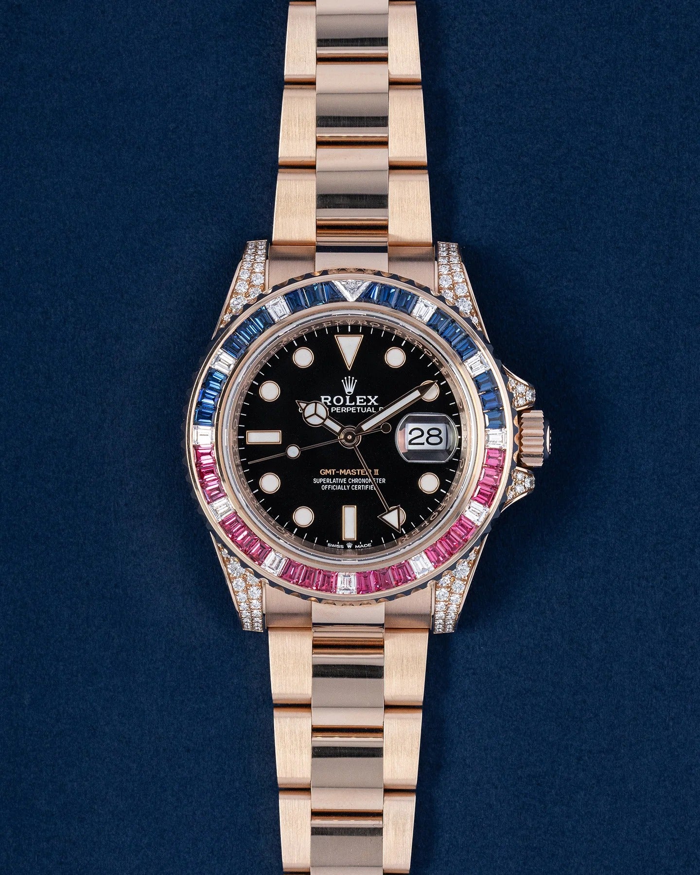 Rolex GMT-Master II Golden Blue/Red Diamond Black Dial, 40mm, Ref# 126755SARU
