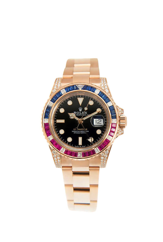 Rolex GMT-Master II Golden Blue/Red Diamond Black Dial, 40mm, Ref# 126755SARU