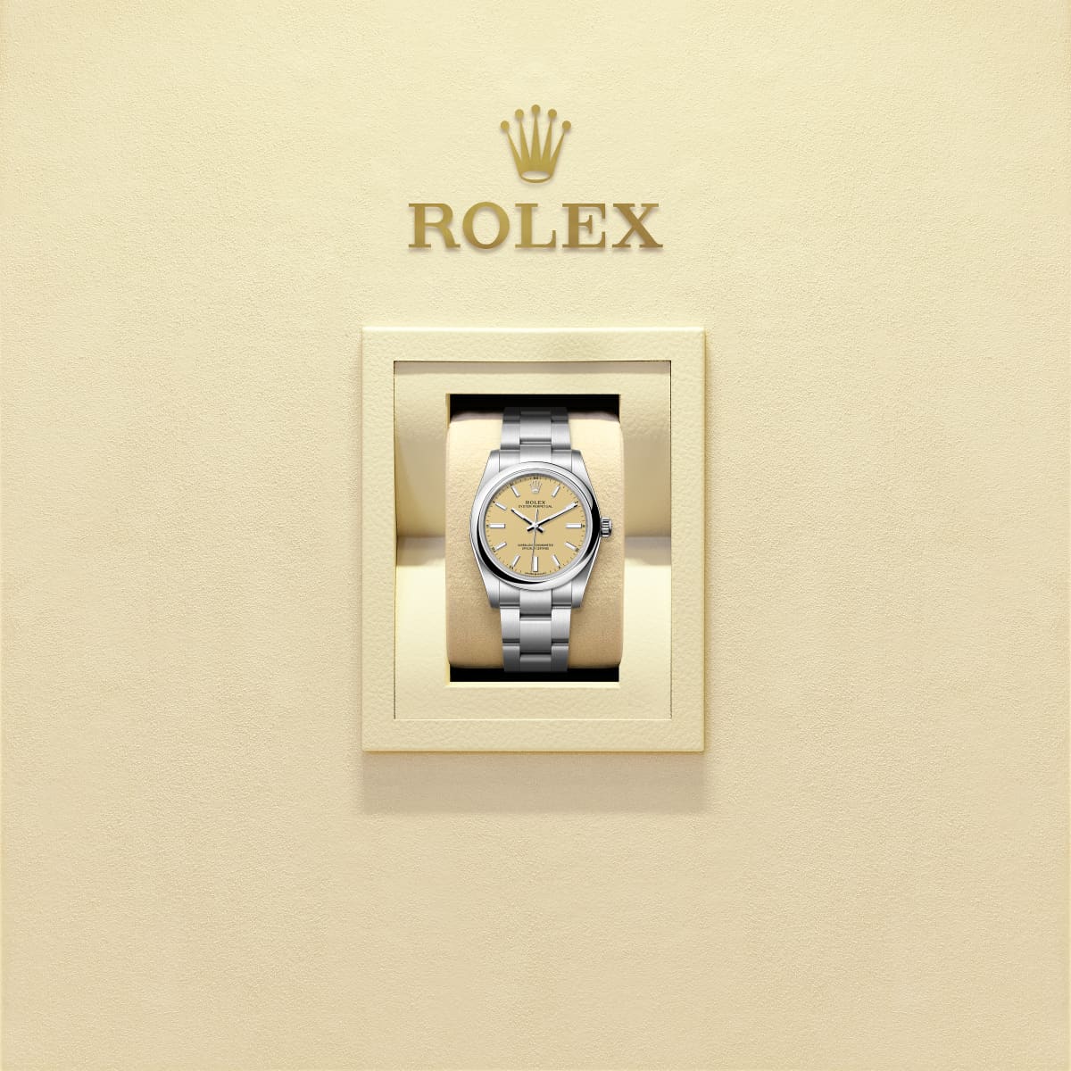 Unworn 2025, Rolex Oyster Perpetual, Oystersteel, 34mm, Beige dial, Domed Oyster, Ref# 124200-0007, box and papers