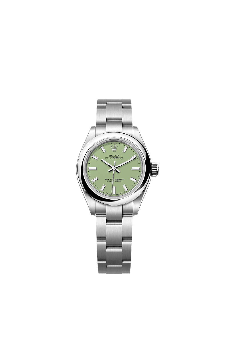 Unworn 2025, Rolex Oyster Perpetual, Oystersteel, 28mm, Pistachio-green dial, Domed Oyster, Ref# 276200-0006, box and papers