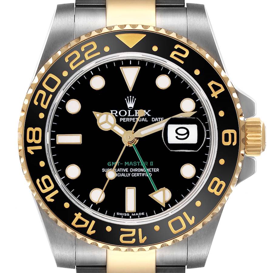 Rolex GMT Master II Steel Yellow Gold Black Dial Mens Watch Ref 116713