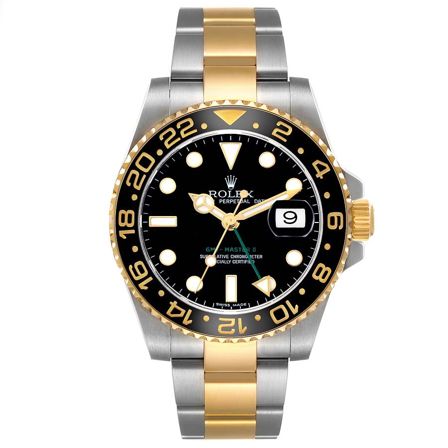 Rolex GMT Master II Steel Yellow Gold Black Dial Mens Watch Ref 116713