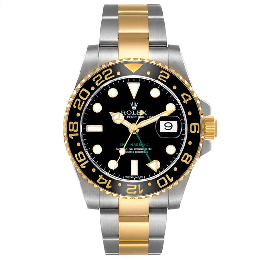 Rolex GMT Master II Steel Yellow Gold Black Dial Mens Watch Ref 116713