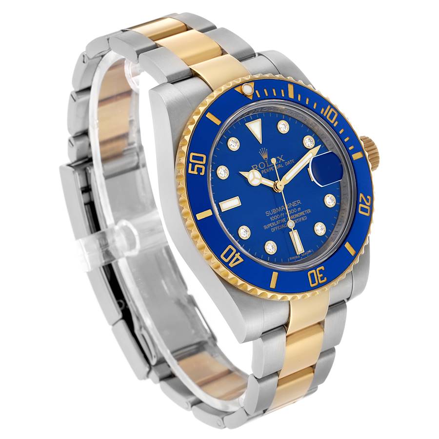 Rolex Submariner Steel Yellow Gold Blue Diamond Dial Bezel Mens Watch Ref 116613