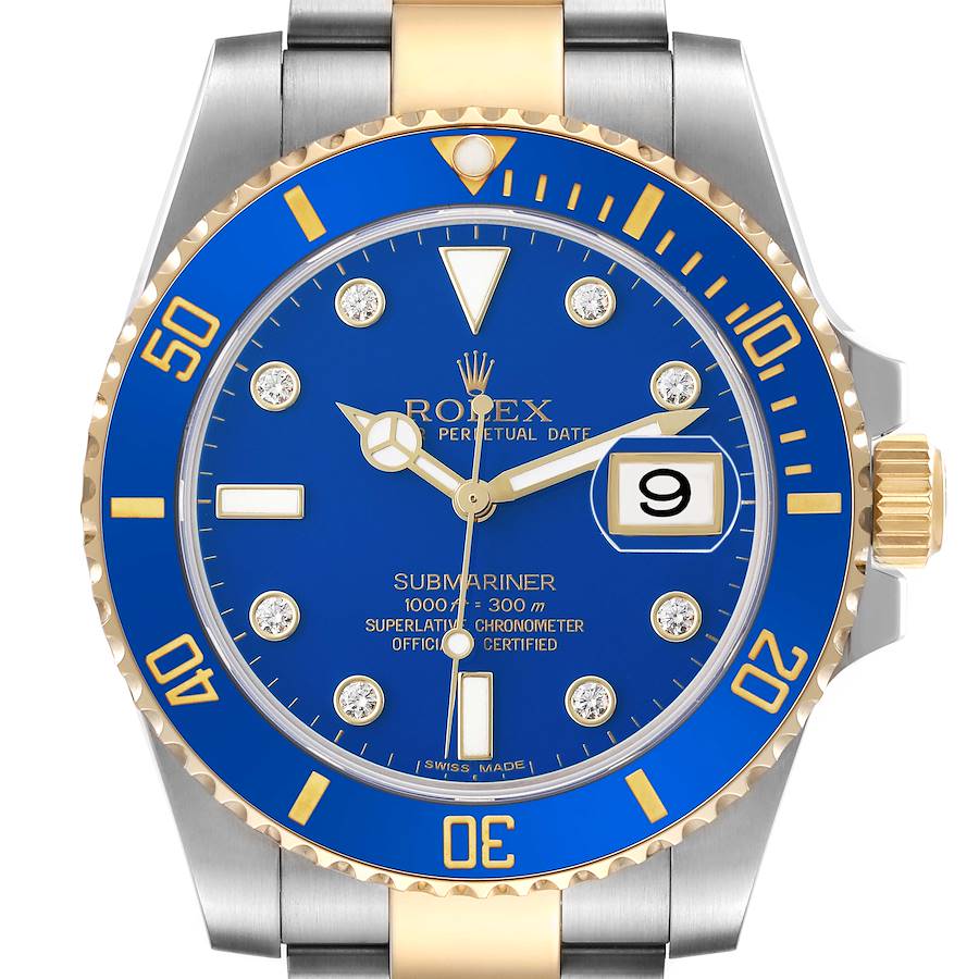 Rolex Submariner Steel Yellow Gold Blue Diamond Dial Bezel Mens Watch Ref 116613