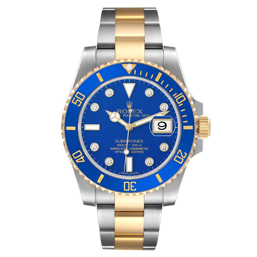 Rolex Submariner Steel Yellow Gold Blue Diamond Dial Bezel Mens Watch Ref 116613