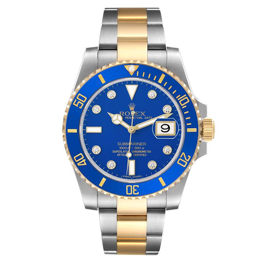 Rolex Submariner Steel Yellow Gold Blue Diamond Dial Bezel Mens Watch Ref 116613