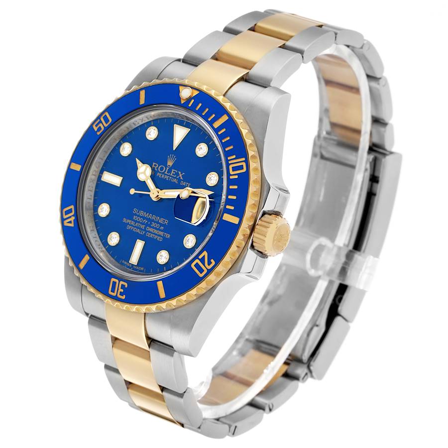Rolex Submariner Steel Yellow Gold Blue Diamond Dial Bezel Mens Watch Ref 116613