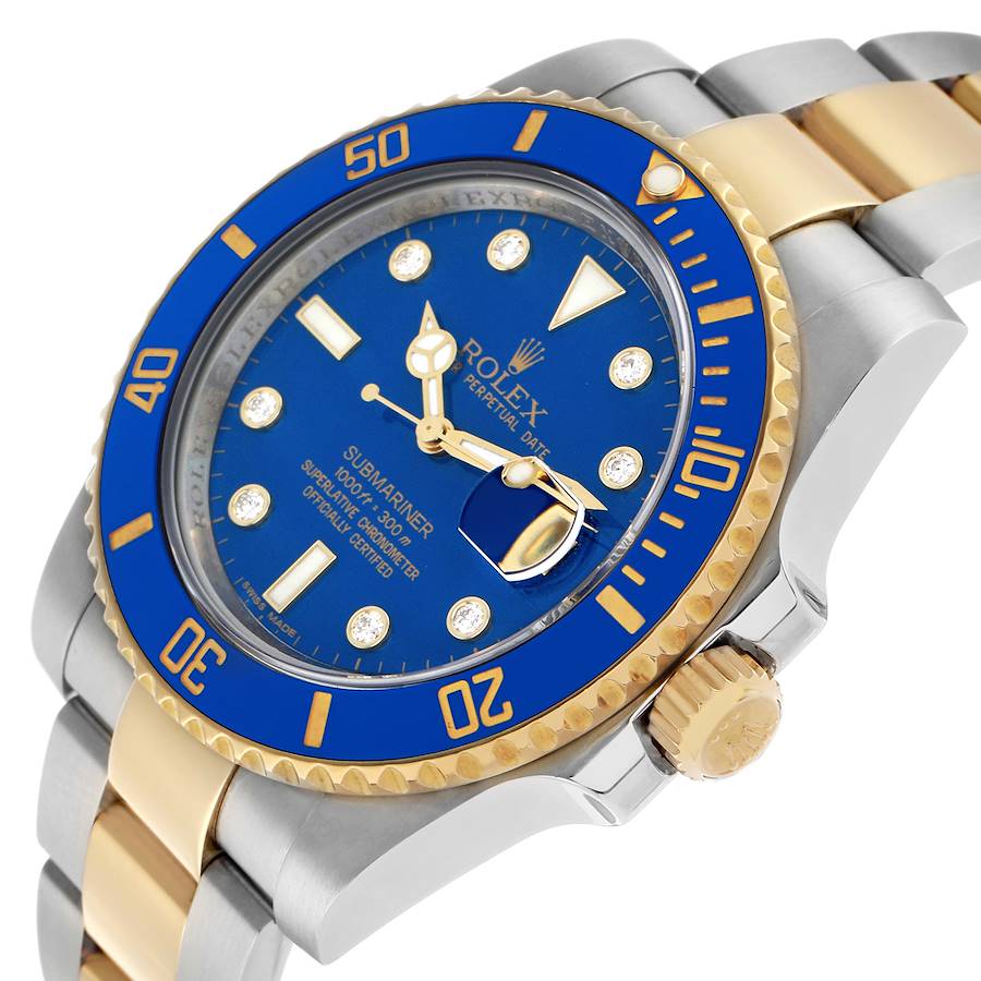 Rolex Submariner Steel Yellow Gold Blue Diamond Dial Bezel Mens Watch Ref 116613