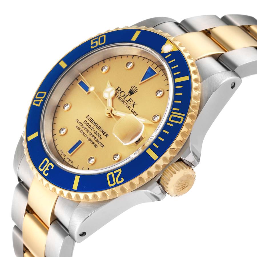 Rolex Submariner Steel Yellow Gold Diamond Sapphire Serti Dial Mens Watch Ref 16613