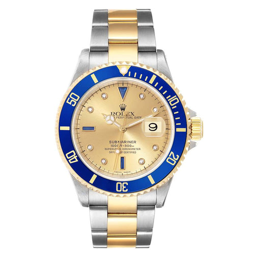 Rolex Submariner Steel Yellow Gold Diamond Sapphire Serti Dial Mens Watch Ref 16613
