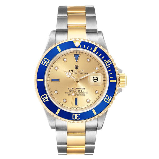 Rolex Submariner Steel Yellow Gold Diamond Sapphire Serti Dial Mens Watch Ref 16613