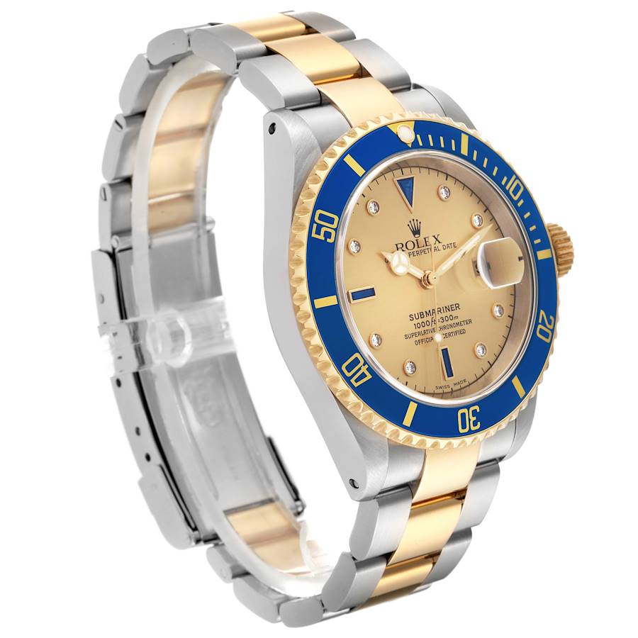 Rolex Submariner Steel Yellow Gold Diamond Sapphire Serti Dial Mens Watch Ref 16613
