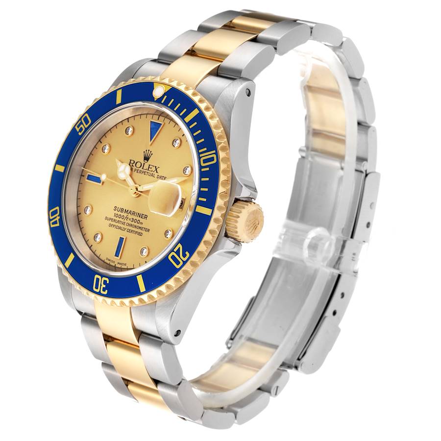 Rolex Submariner Steel Yellow Gold Diamond Sapphire Serti Dial Mens Watch Ref 16613