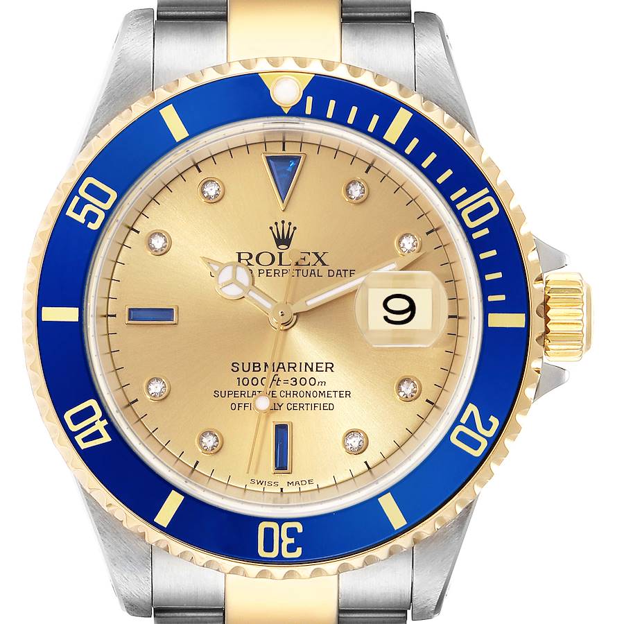 Rolex Submariner Steel Yellow Gold Diamond Sapphire Serti Dial Mens Watch Ref 16613